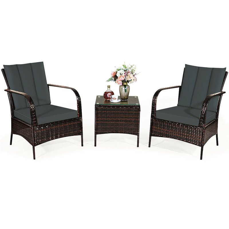 Costway 3-piece Contemporary Rattan and Steel Patio Bistro Set in Brown/Gray