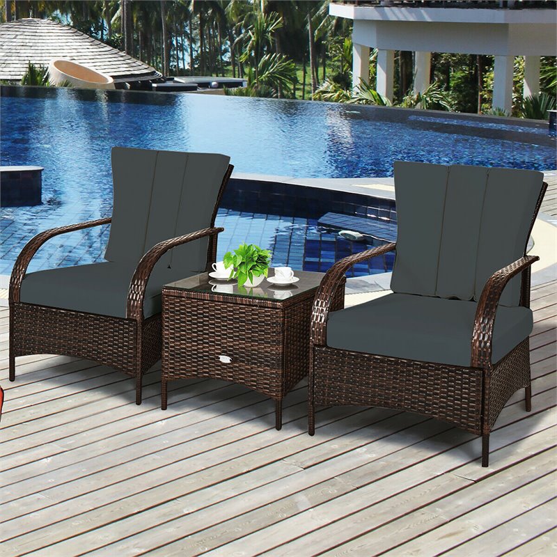 Costway 3-piece Contemporary Rattan and Steel Patio Bistro Set in Brown/Gray