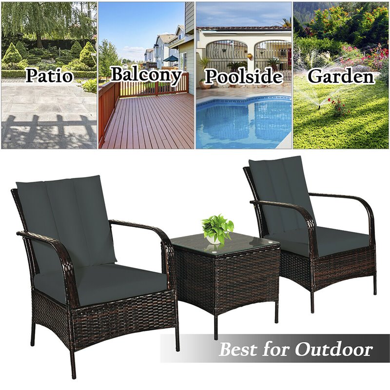 Costway 3-piece Contemporary Rattan and Steel Patio Bistro Set in Brown/Gray