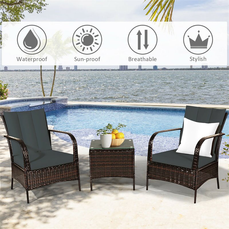 Costway 3-piece Contemporary Rattan and Steel Patio Bistro Set in Brown/Gray