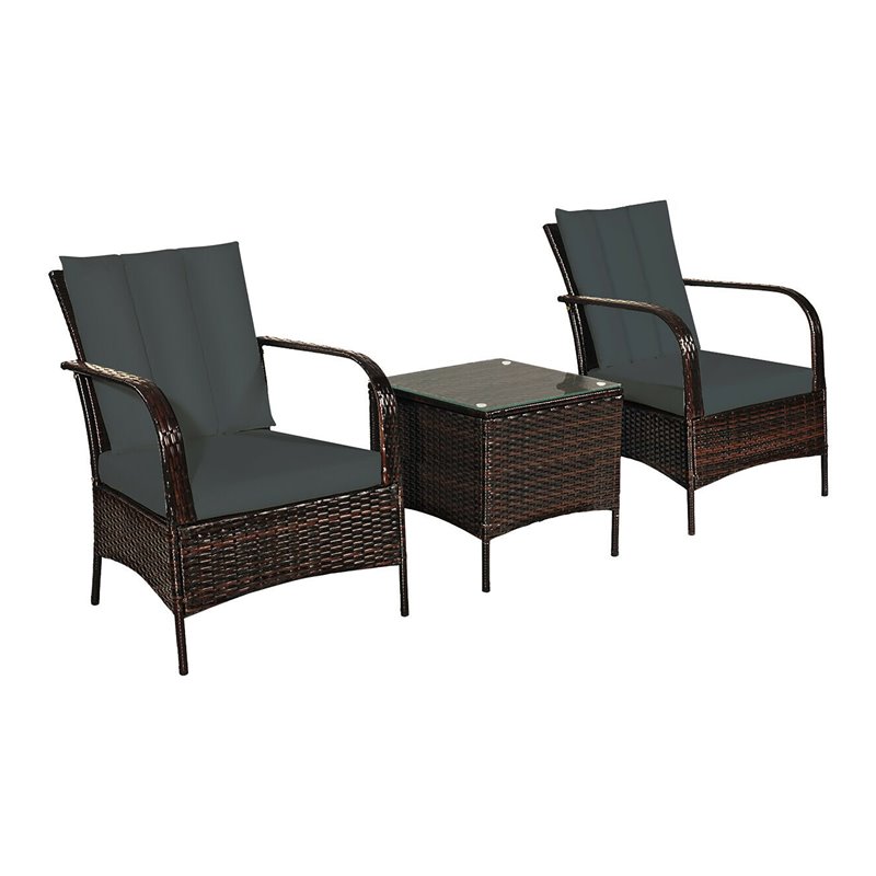 Costway 3-piece Contemporary Rattan and Steel Patio Bistro Set in Brown/Gray