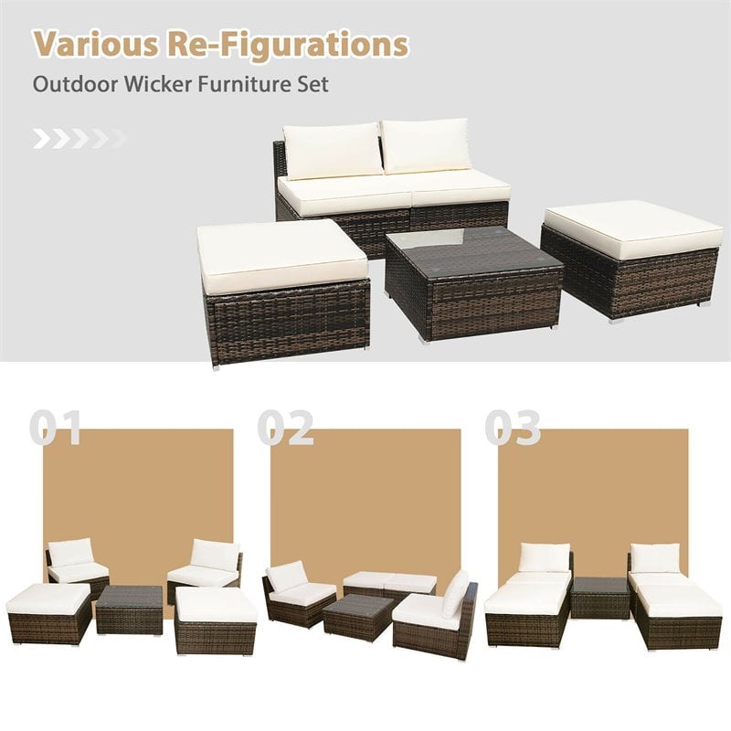 Costway 5-piece Contemporary Rattan and Steel Patio Sofa Set in White