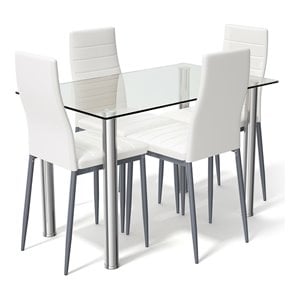 Costway 5-piece Glass and Steel Dining Set with Table and 4 Chairs in White