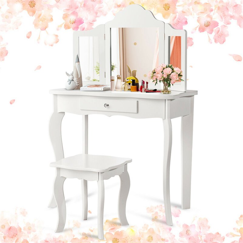 Costway MDF and Mirror Kids Vanity with Dressing Table and Stool in White