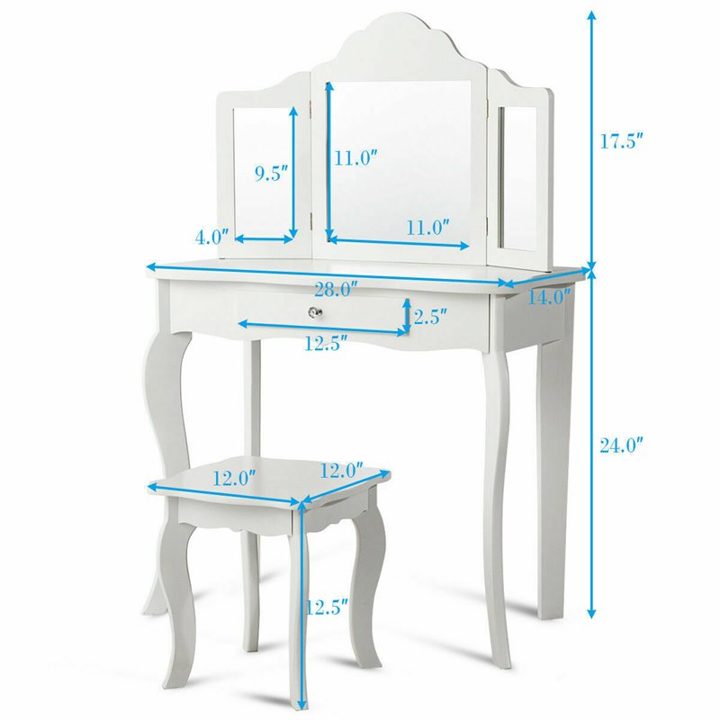 Costway MDF and Mirror Kids Vanity with Dressing Table and Stool in White
