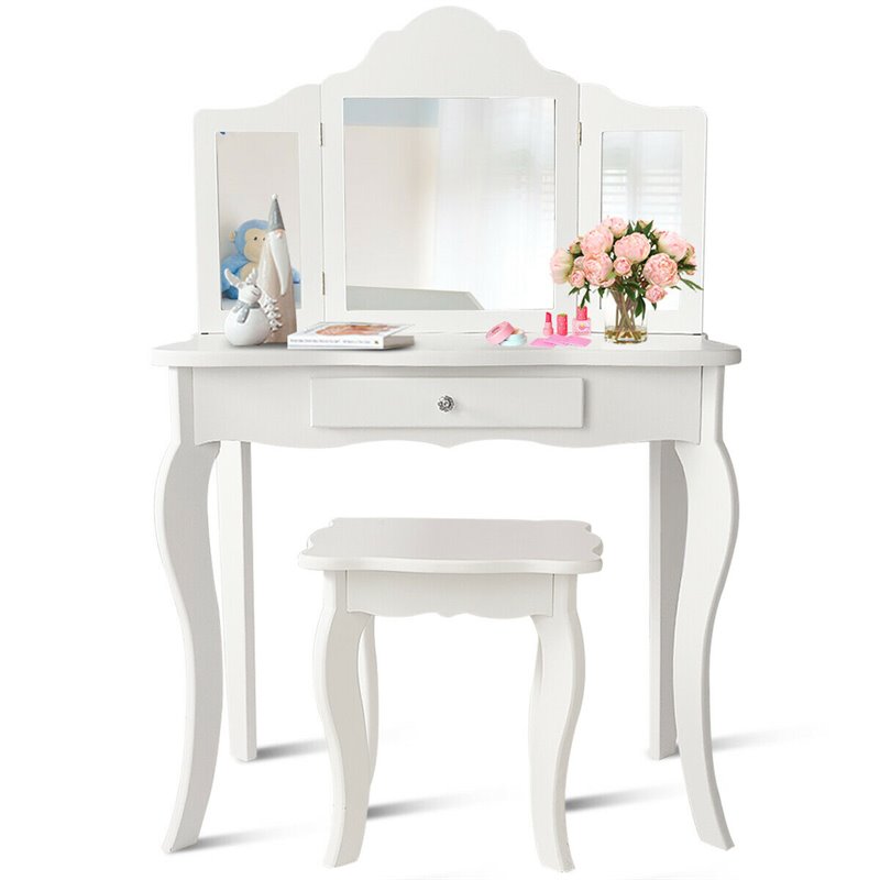 Costway MDF and Mirror Kids Vanity with Dressing Table and Stool in White