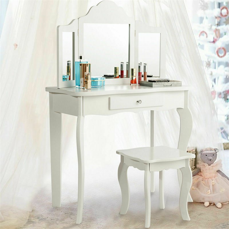 Costway MDF and Mirror Kids Vanity with Dressing Table and Stool in White