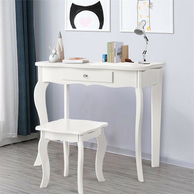 Costway MDF and Mirror Kids Vanity with Dressing Table and Stool in White