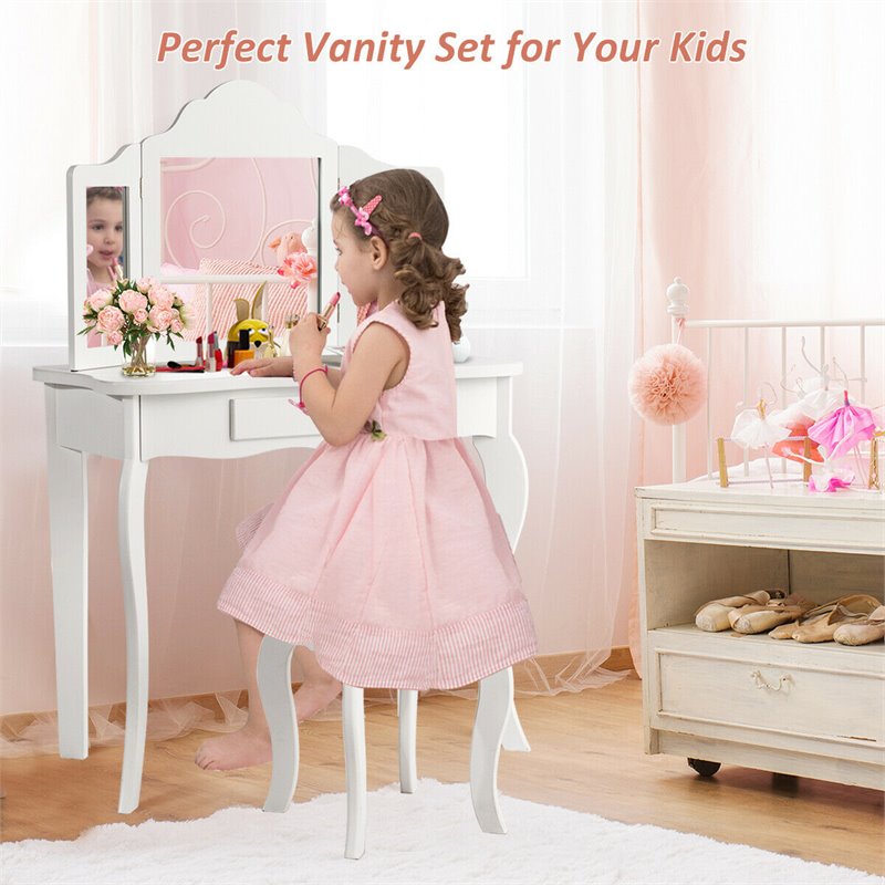 Costway MDF and Mirror Kids Vanity with Dressing Table and Stool in White