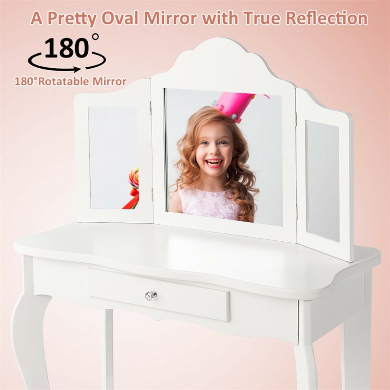 Costway MDF and Mirror Kids Vanity with Dressing Table and Stool in White