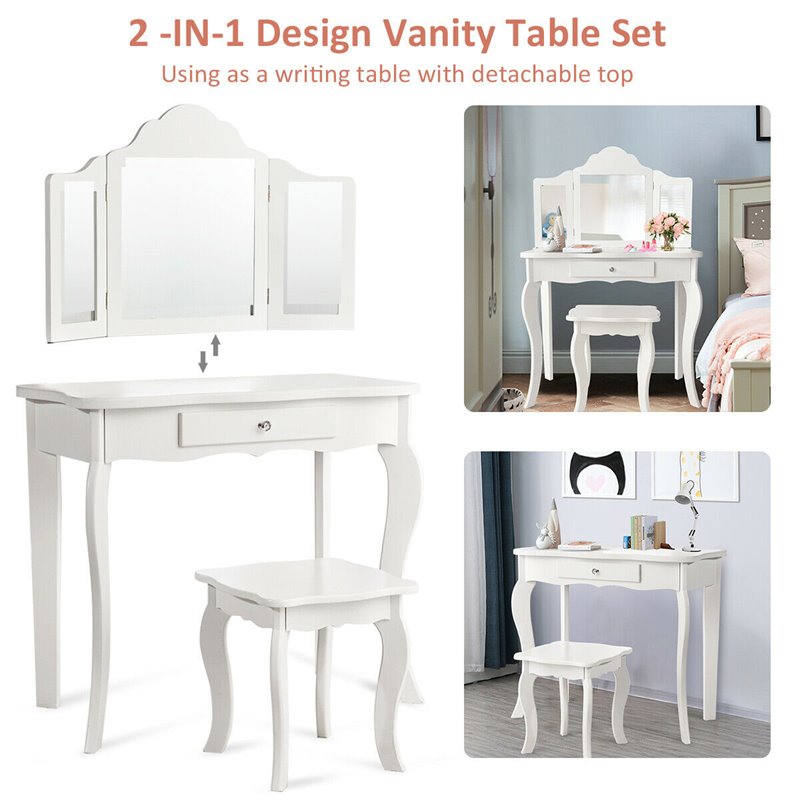 Costway MDF and Mirror Kids Vanity with Dressing Table and Stool in White