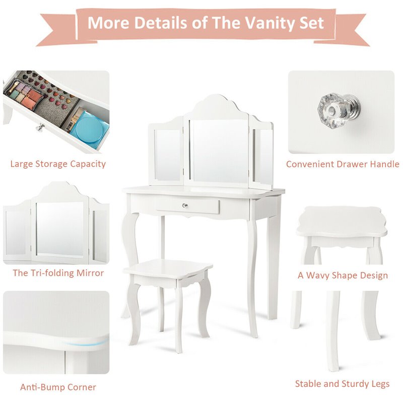 Costway MDF and Mirror Kids Vanity with Dressing Table and Stool in White
