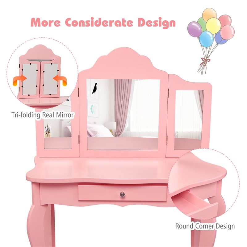 Costway MDF and Mirror For Girls Kids Vanity with Table and Stool in Pink
