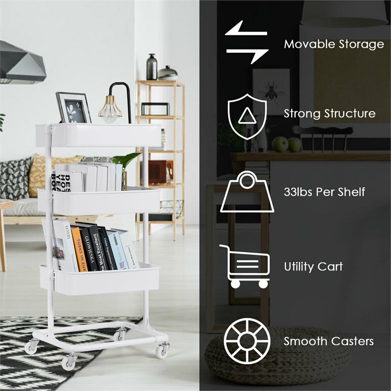 Costway 3-tier Iron Rolling Storage Cart with Adjustable Shelves in White
