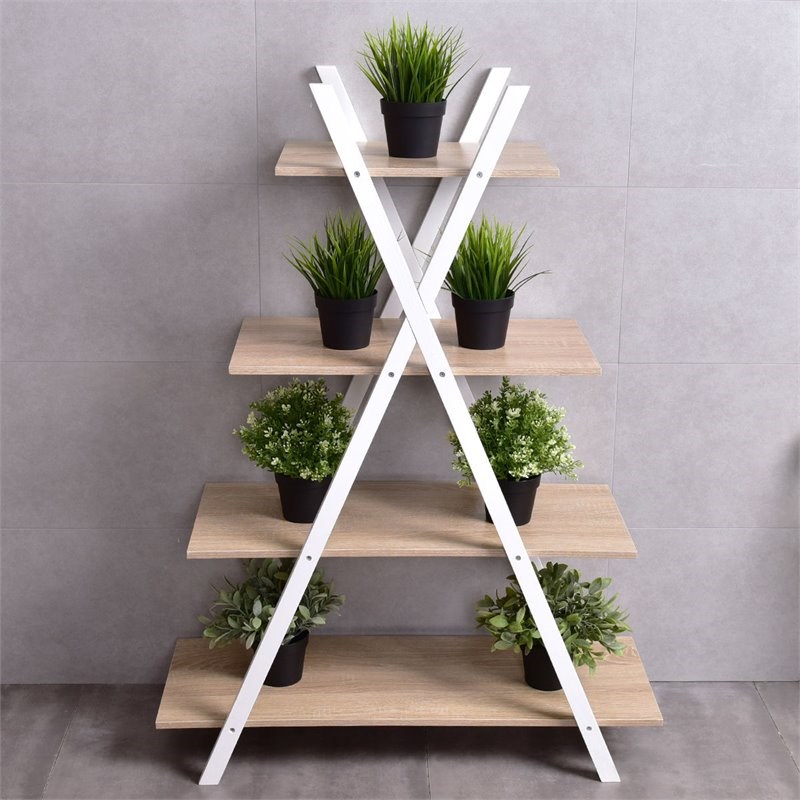 Costway 4-tier Contemporary MDF X-Shape Shelf Bookcase in Natural