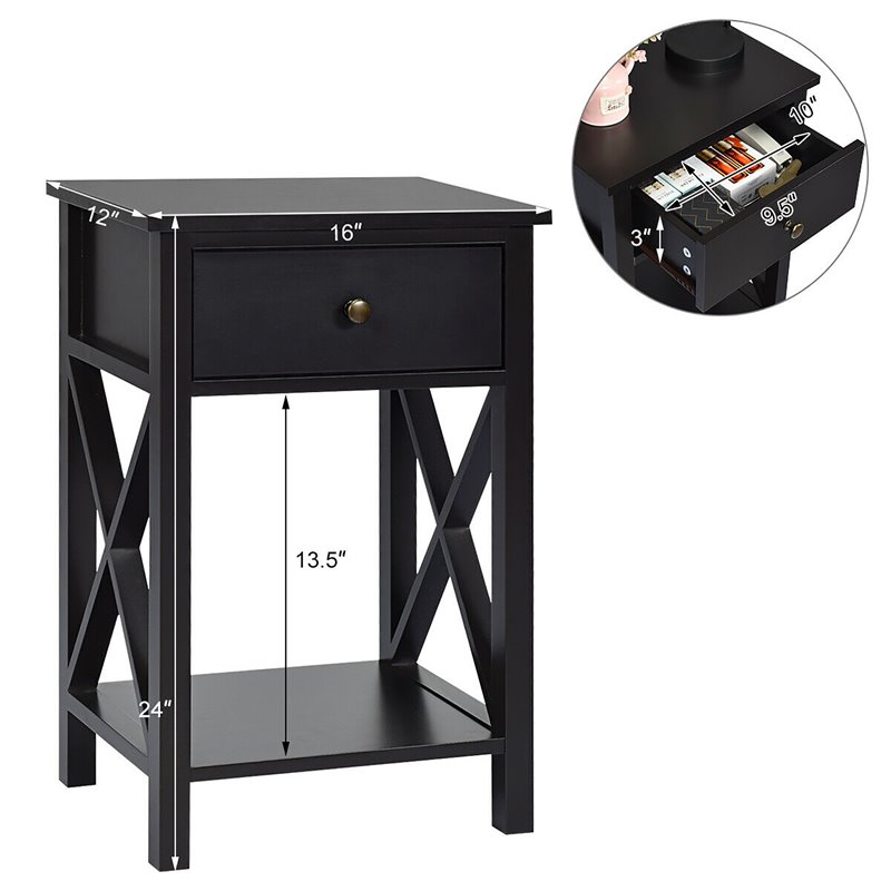 Costway Contemporary MDF Nightstand with Drawer and Shelf in Brown