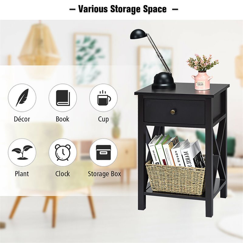 Costway Contemporary MDF Nightstand with Drawer and Shelf in Brown