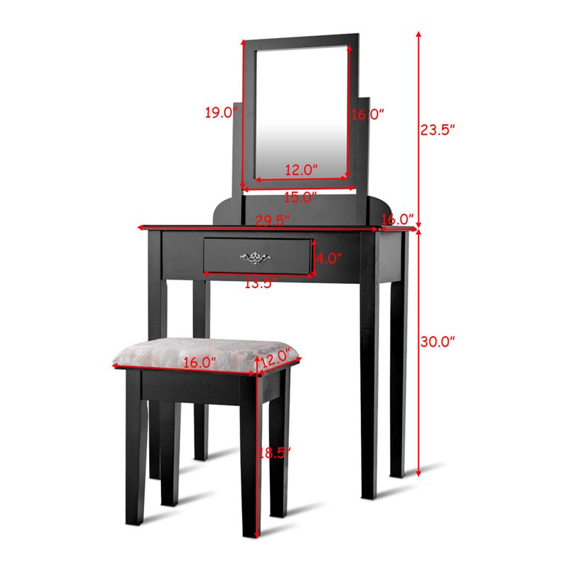 Costway Square Contemporary Wood and MDF Makeup Desk Vanity Set in Black