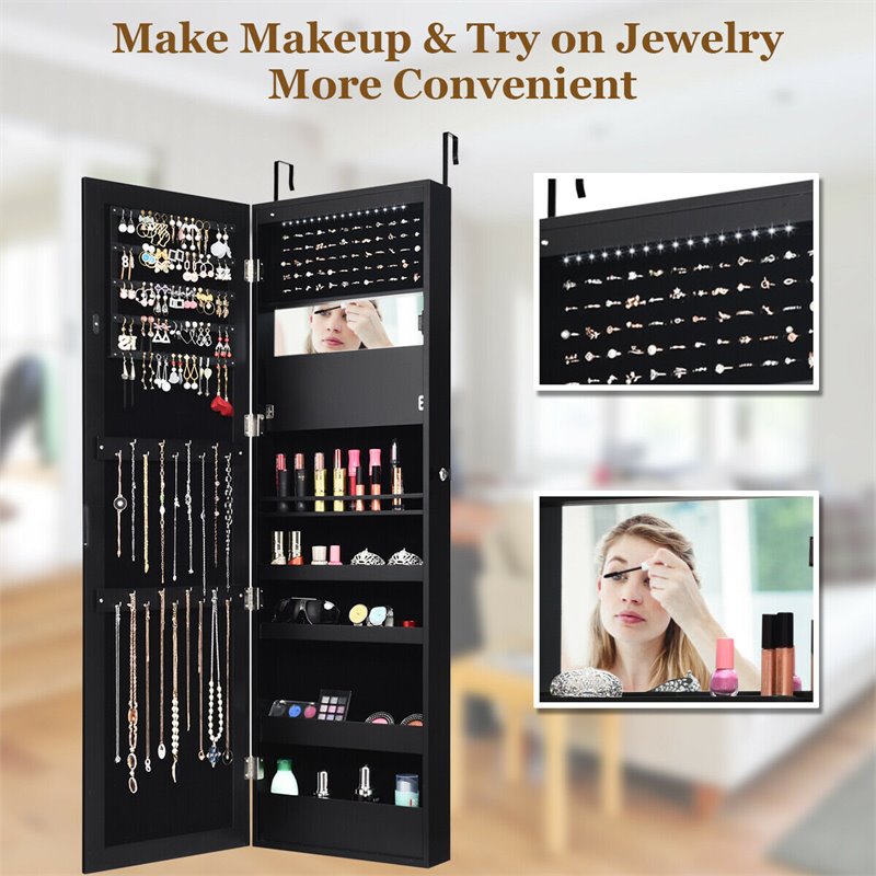 Costway MDF Board Wall/Door Mounted LED Lights Mirrored Jewelry Cabinet in Black