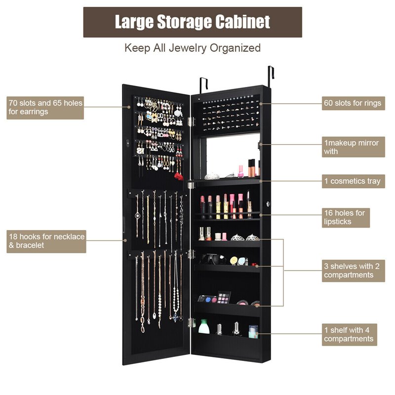 Costway MDF Board Wall/Door Mounted LED Lights Mirrored Jewelry Cabinet in Black