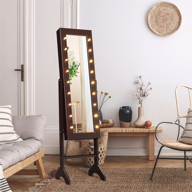 Costway MDF Board Mirrored Jewelry Cabinet with 18 LED Lights in Brown