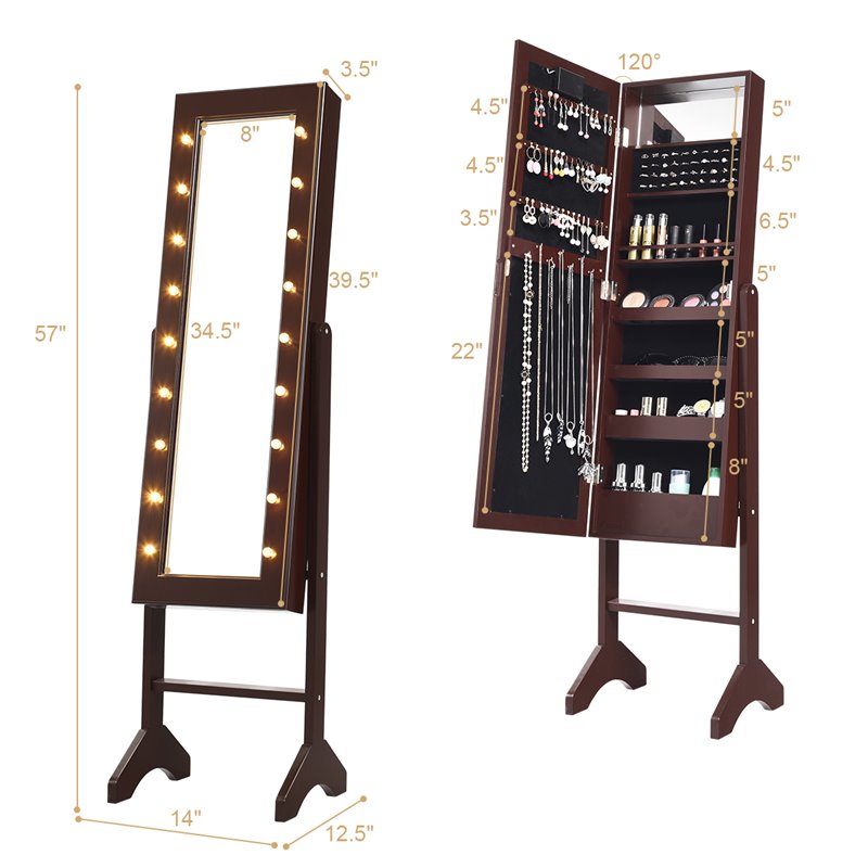 Costway MDF Board Mirrored Jewelry Cabinet with 18 LED Lights in Brown