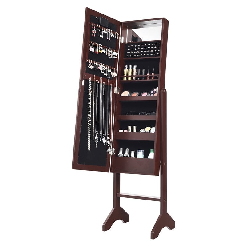 Costway MDF Board Mirrored Jewelry Cabinet with 18 LED Lights in Brown