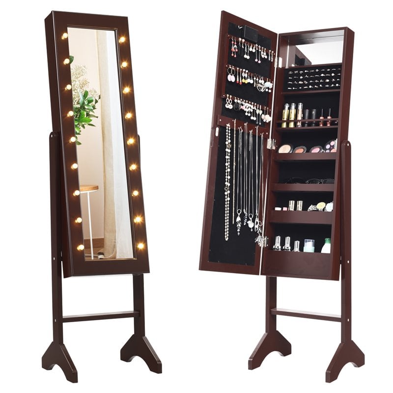 Costway MDF Board Mirrored Jewelry Cabinet with 18 LED Lights in Brown