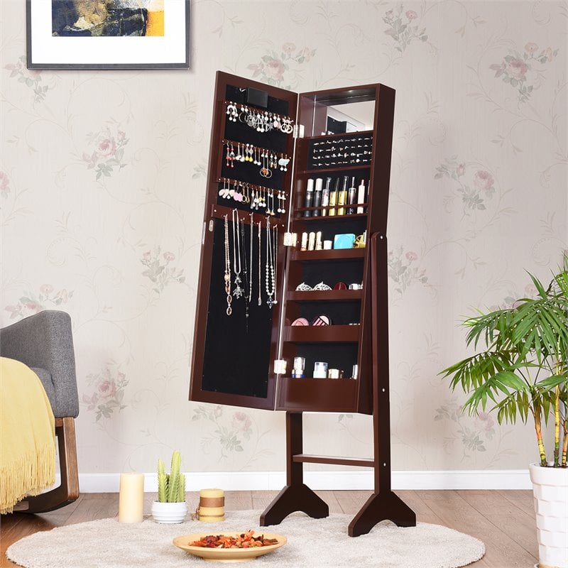 Costway MDF Board Mirrored Jewelry Cabinet with 18 LED Lights in Brown