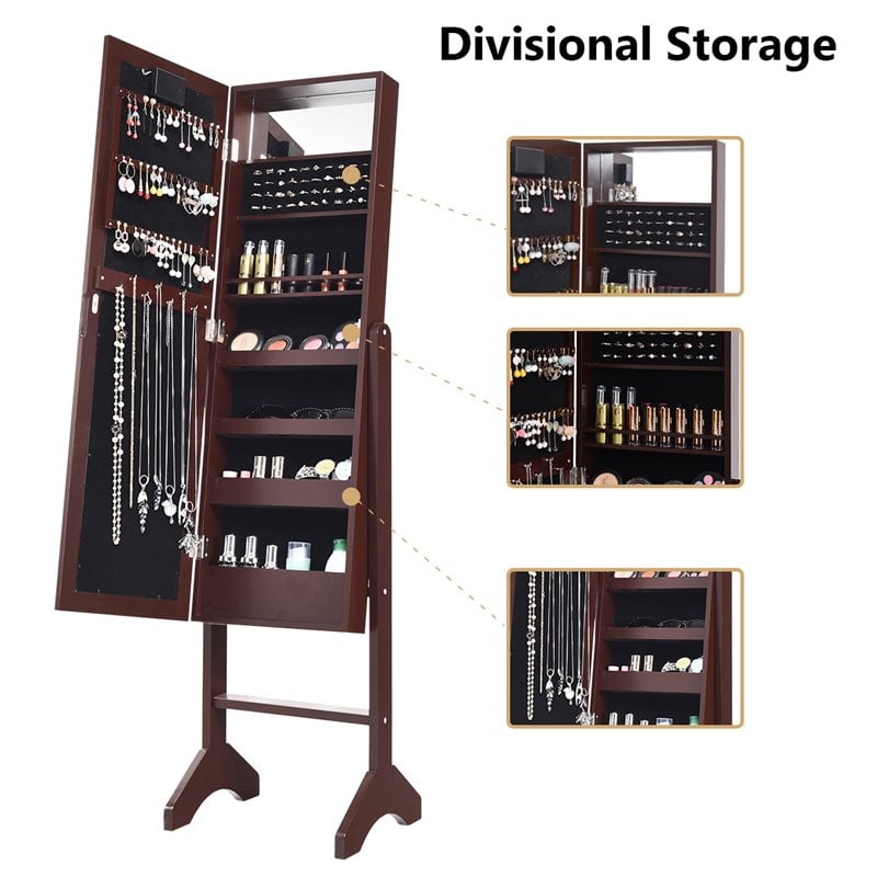 Costway MDF Board Mirrored Jewelry Cabinet with 18 LED Lights in Brown