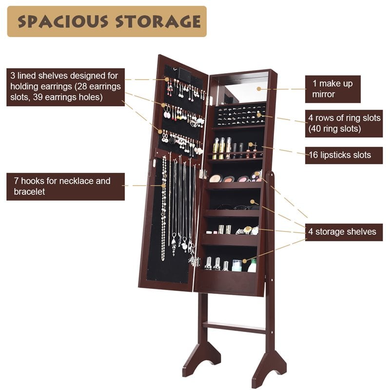 Costway MDF Board Mirrored Jewelry Cabinet with 18 LED Lights in Brown