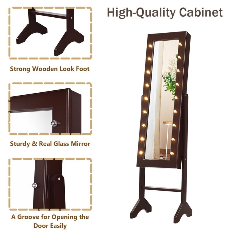 Costway MDF Board Mirrored Jewelry Cabinet with 18 LED Lights in Brown