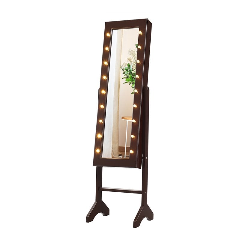 Costway MDF Board Mirrored Jewelry Cabinet with 18 LED Lights in Brown