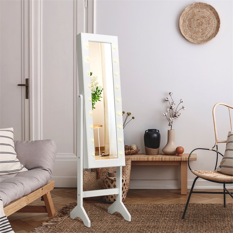 Costway MDF Board Mirrored Jewelry Cabinet with 18 LED Lights in White