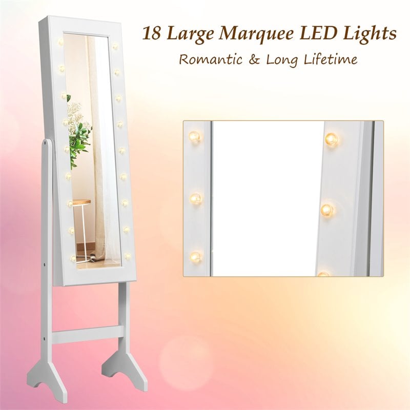 Costway MDF Board Mirrored Jewelry Cabinet with 18 LED Lights in White