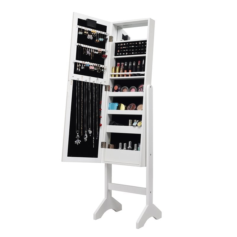 Costway MDF Board Mirrored Jewelry Cabinet with 18 LED Lights in White Finish