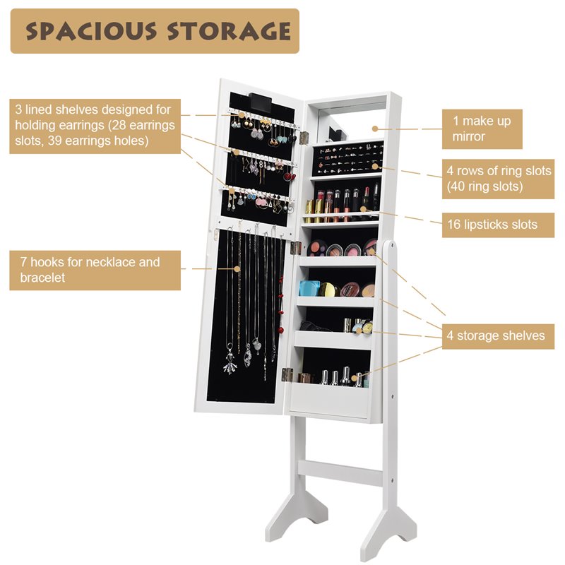 Costway MDF Board Mirrored Jewelry Cabinet with 18 LED Lights in White Finish