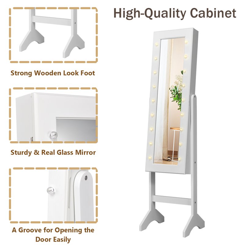Costway MDF Board Mirrored Jewelry Cabinet with 18 LED Lights in White Finish