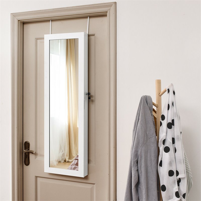 Costway MDF Board Wall Door Mounted LED Lights Mirrored Jewelry Cabinet in White