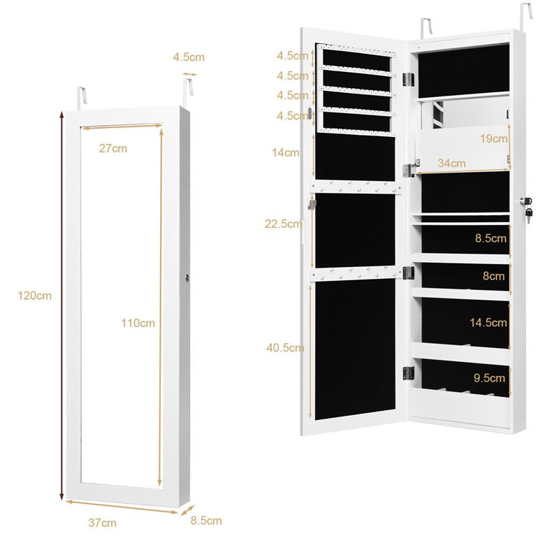 Costway MDF Board Wall Door Mounted LED Lights Mirrored Jewelry Cabinet in White