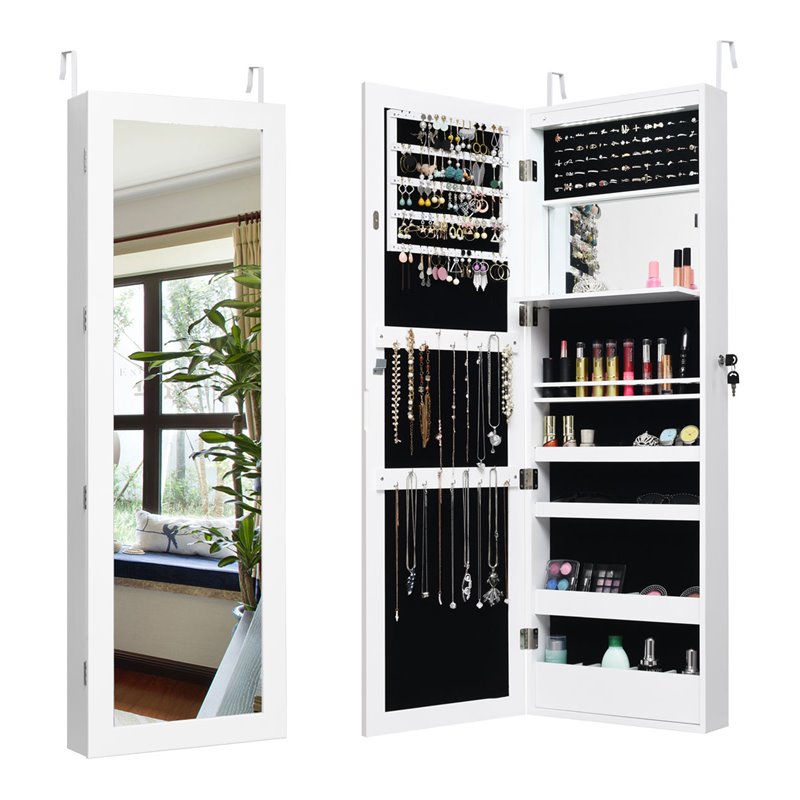 Costway MDF Board Wall Door Mounted LED Lights Mirrored Jewelry Cabinet in White