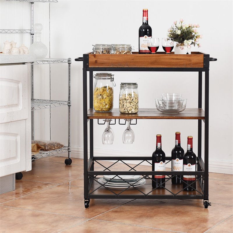 Costway 3-tier Iron and Nylon Rolling Kitchen Trolley Island Cart in Black