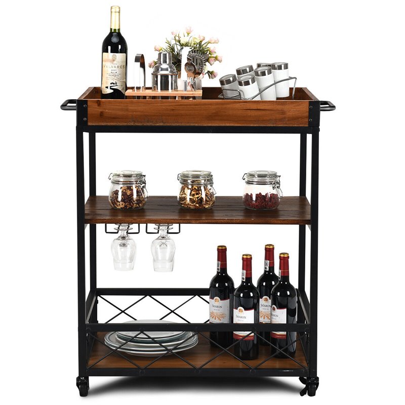 Costway 3-tier Iron and Nylon Rolling Kitchen Trolley Island Cart in Black