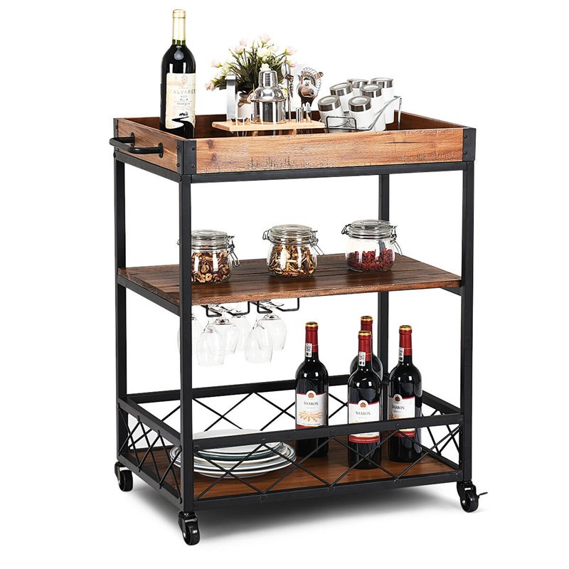 Costway 3-tier Iron and Nylon Rolling Kitchen Trolley Island Cart in Black