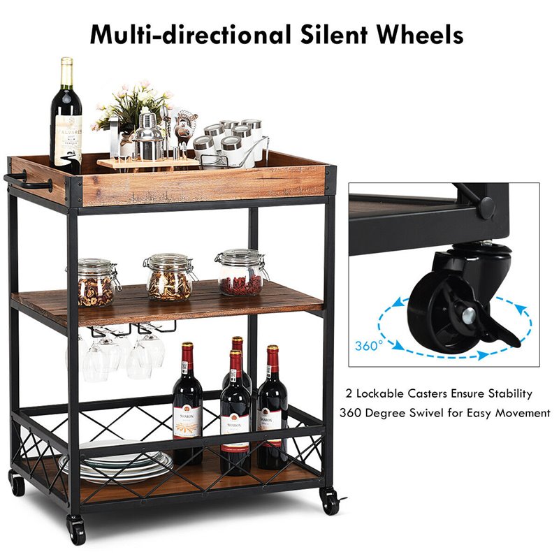 Costway 3-tier Iron and Nylon Rolling Kitchen Trolley Island Cart in Black