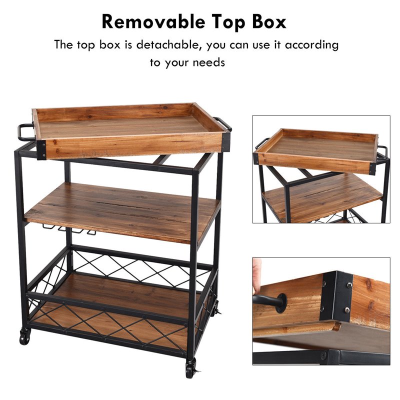 Costway 3-tier Iron and Nylon Rolling Kitchen Trolley Island Cart in Black