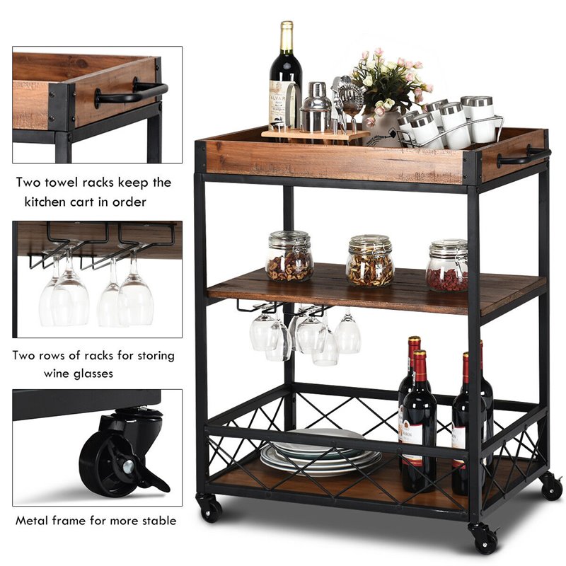 Costway 3-tier Iron and Nylon Rolling Kitchen Trolley Island Cart in Black