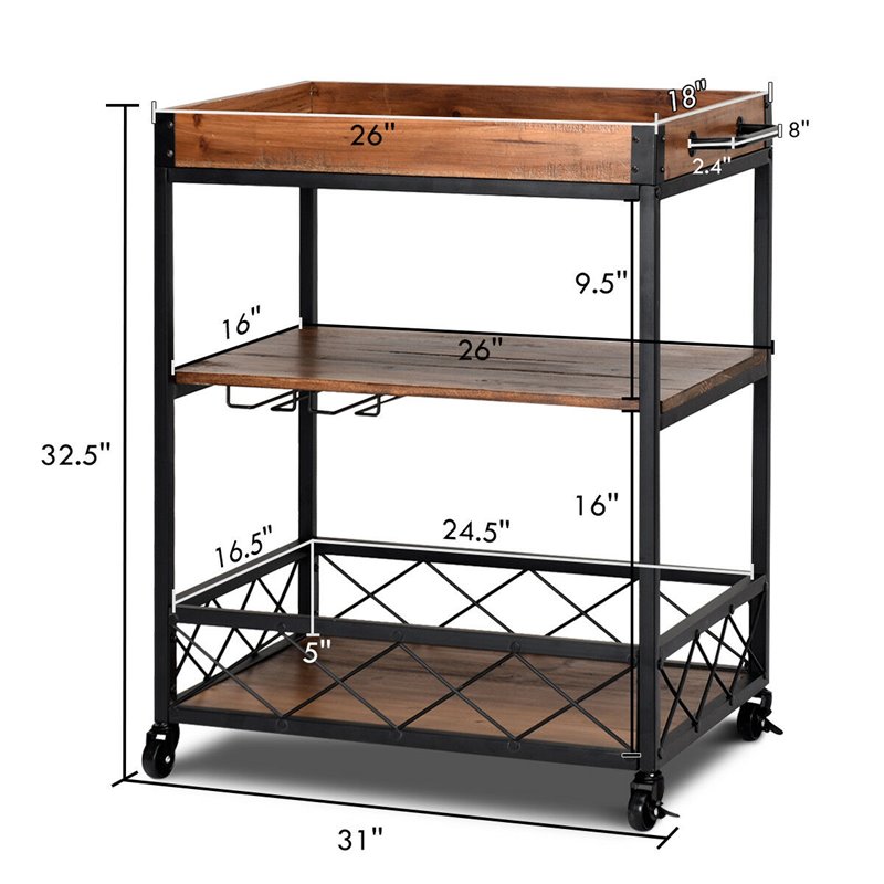 Costway 3-tier Iron and Nylon Rolling Kitchen Trolley Island Cart in Black