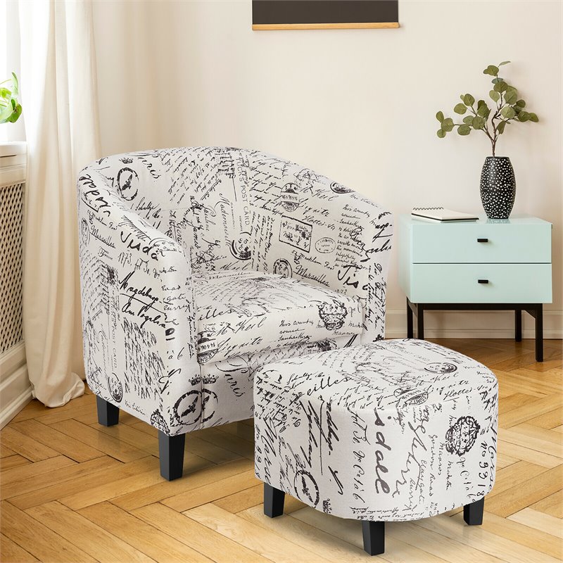 Costway Contemporary Birch Wood & Cotton Accent Chair with Ottoman in Beige