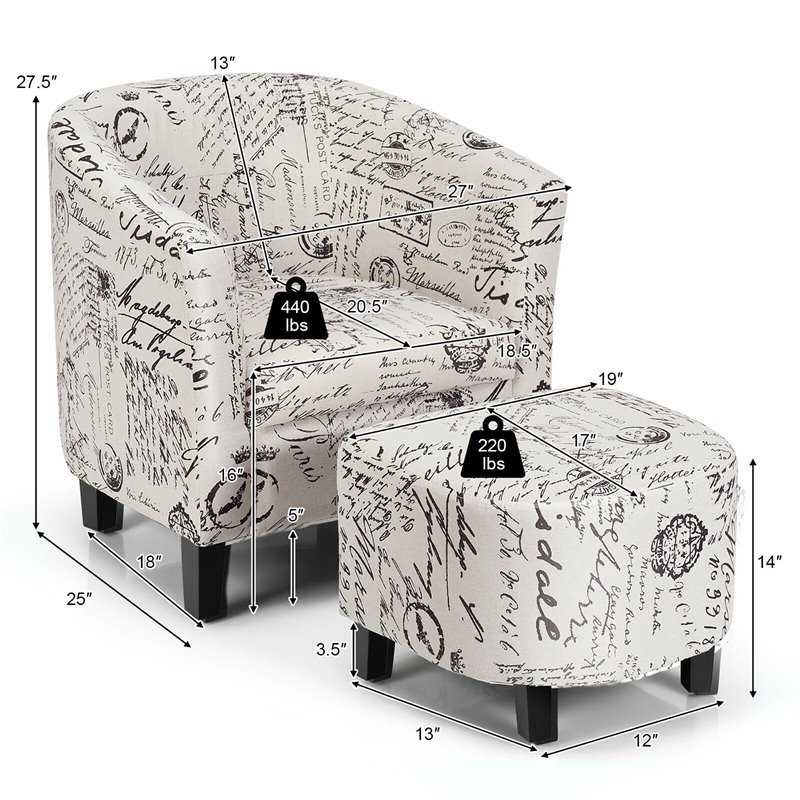 Costway Contemporary Birch Wood & Cotton Accent Chair with Ottoman in Beige